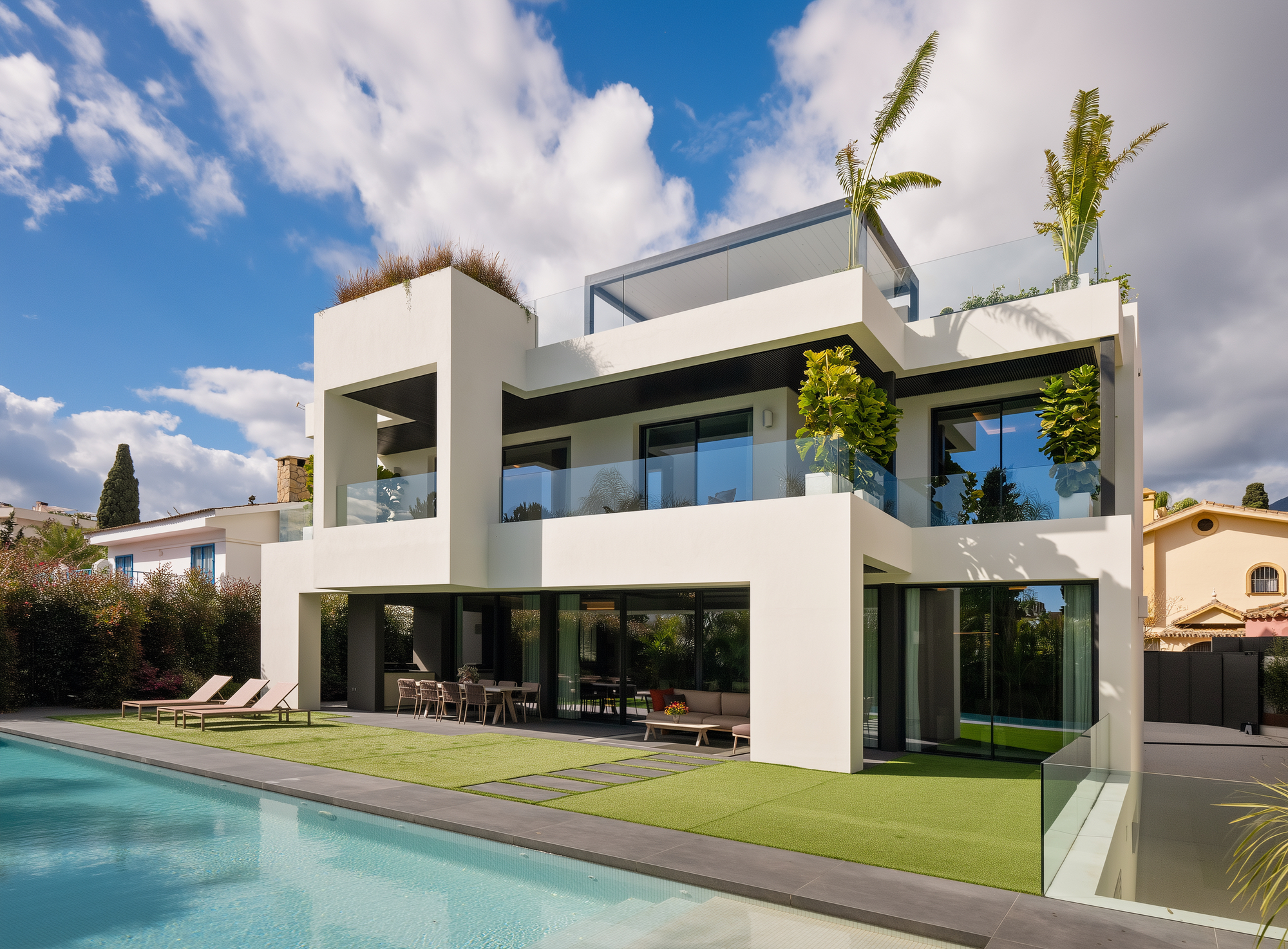 Main pool façade of Casa Velázquez with crisp white volumes, generous glazing and contemporary Mediterranean proportions