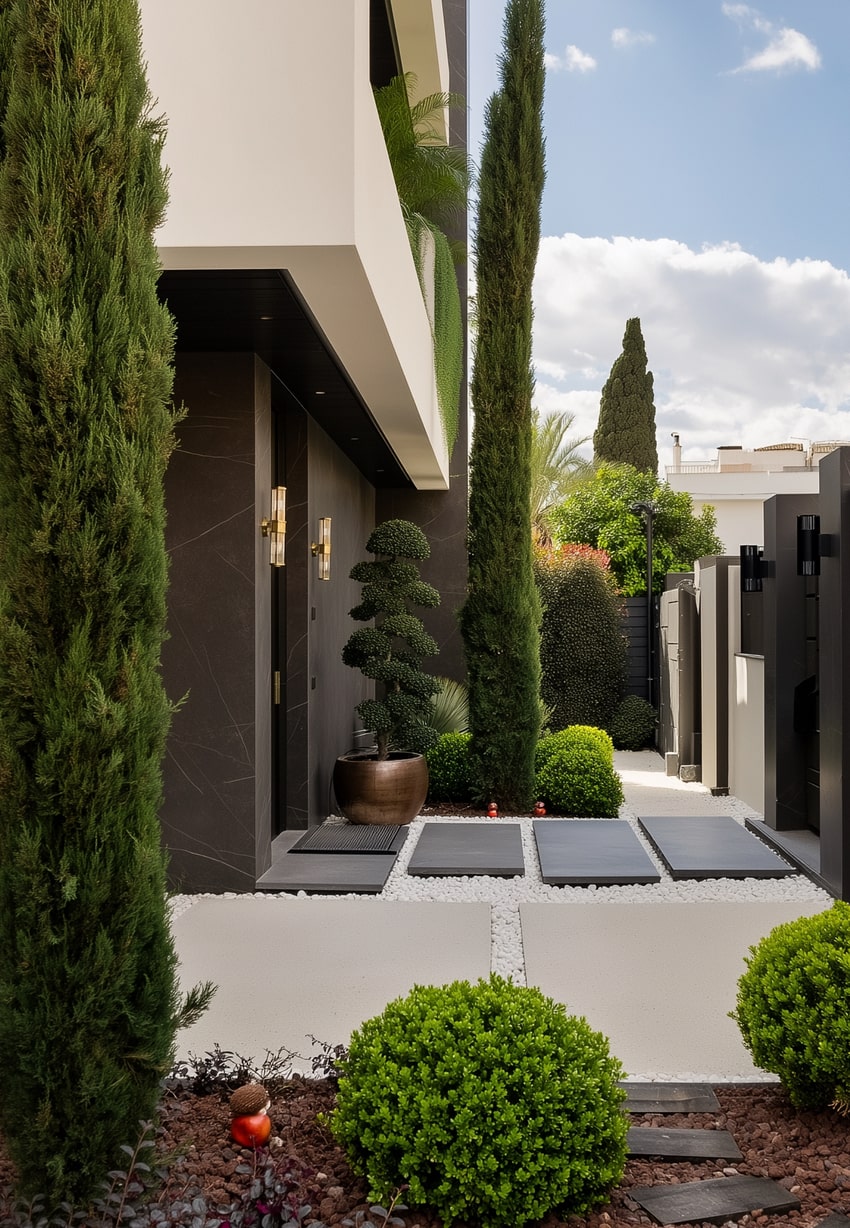 Entrance approach at Casa Velázquez framed by cypress planting, stone textures and a refined sense of arrival