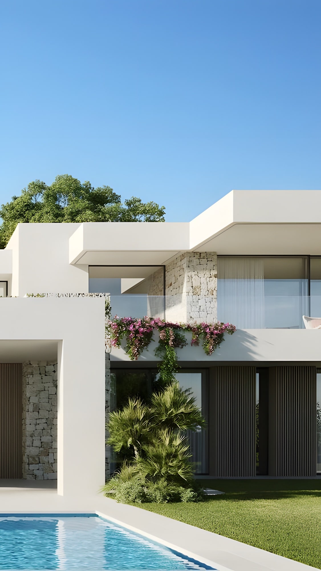 Architectural close view of Villa Venezuela with upper terraces, natural stone detailing and the pool corner in the foreground