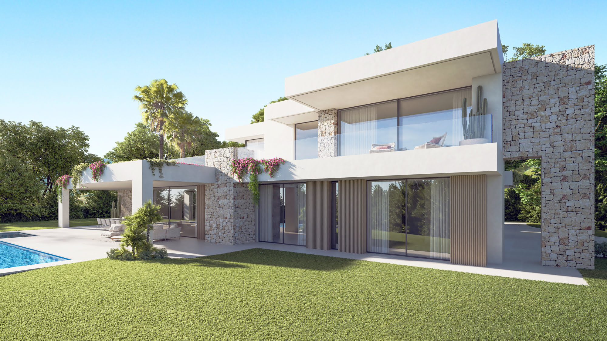 Oblique garden façade of Villa Venezuela with pool, lawn and clean contemporary Mediterranean lines opening to the landscape
