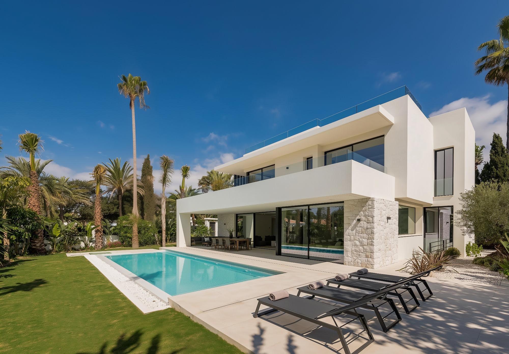 Pool façade of VIDA DEL MAR with long terrace, sun loungers and open contemporary Mediterranean living