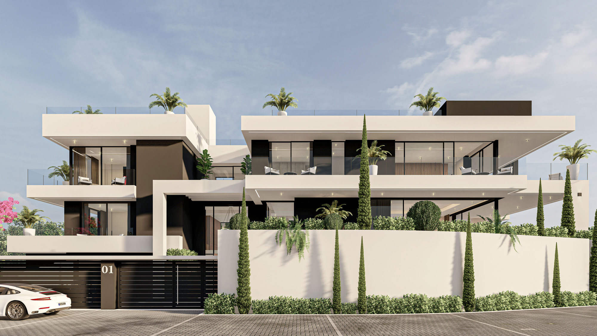 Street-side elevation of Villas Gardenias with horizontal terraces, perimeter garden and contemporary Mediterranean expression