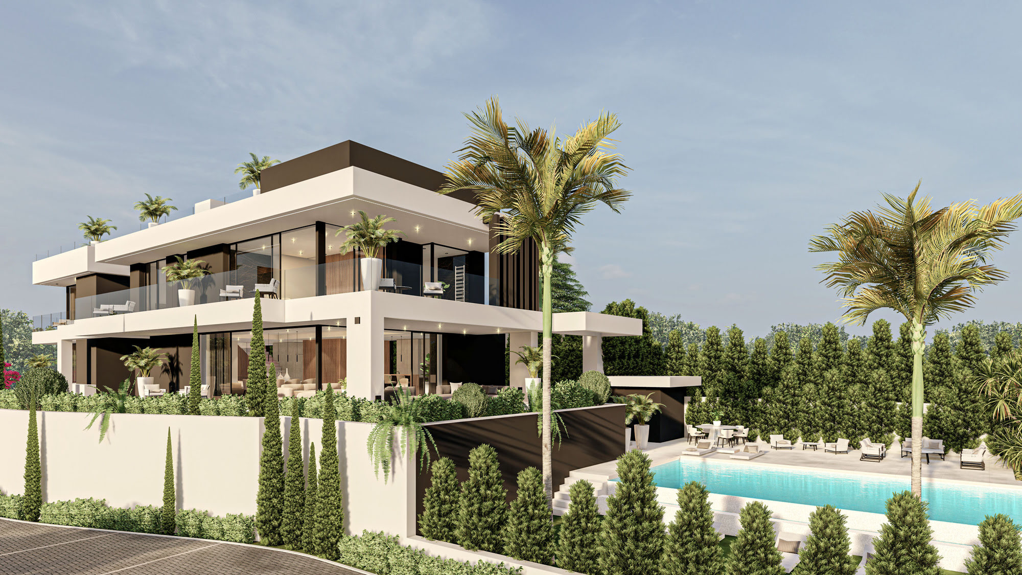 Oblique exterior view of Villas Gardenias with swimming pool, sun deck and elegant two-storey massing