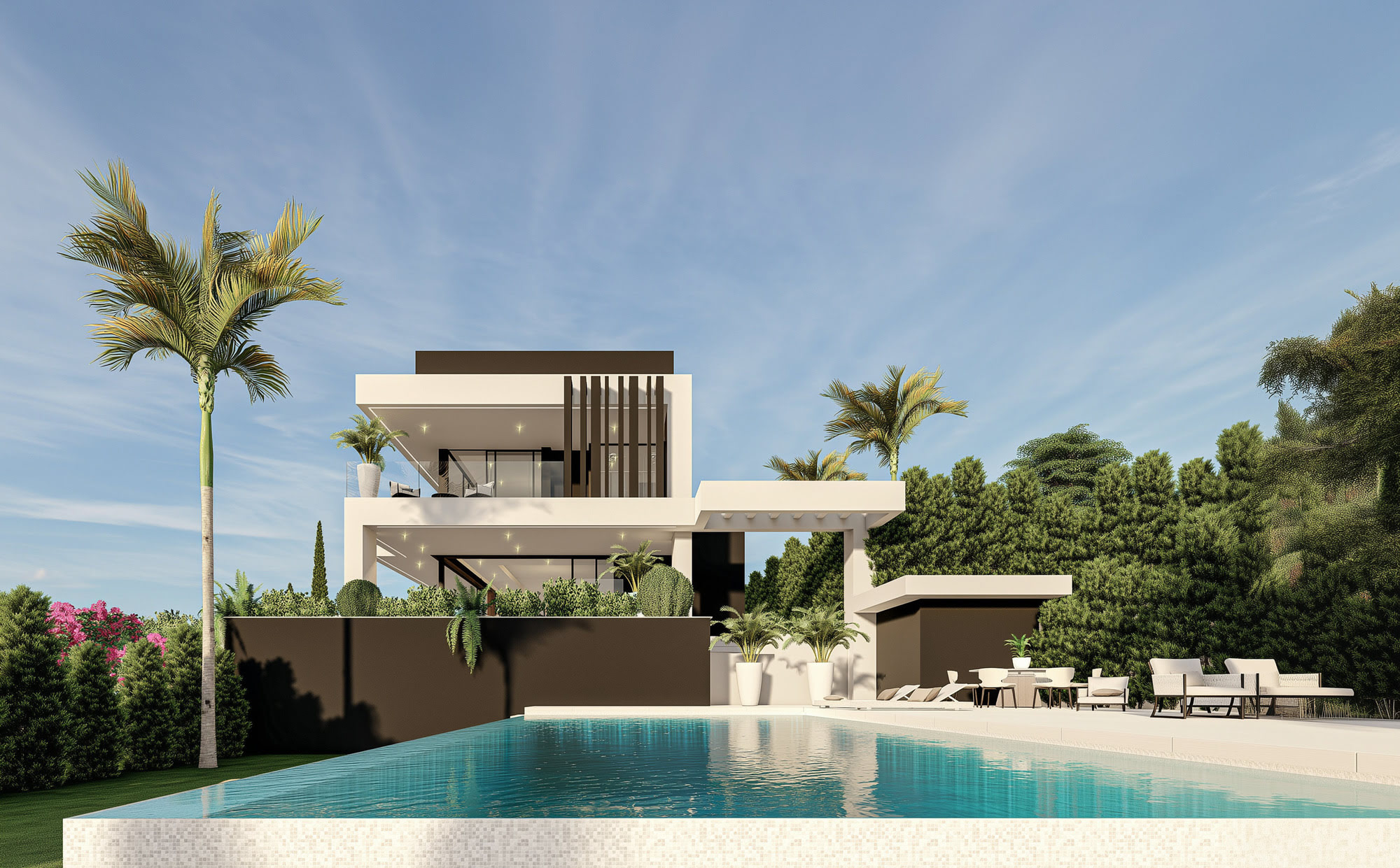 Axial pool view at Villas Gardenias showing the main outdoor living frontage and linear water reflections