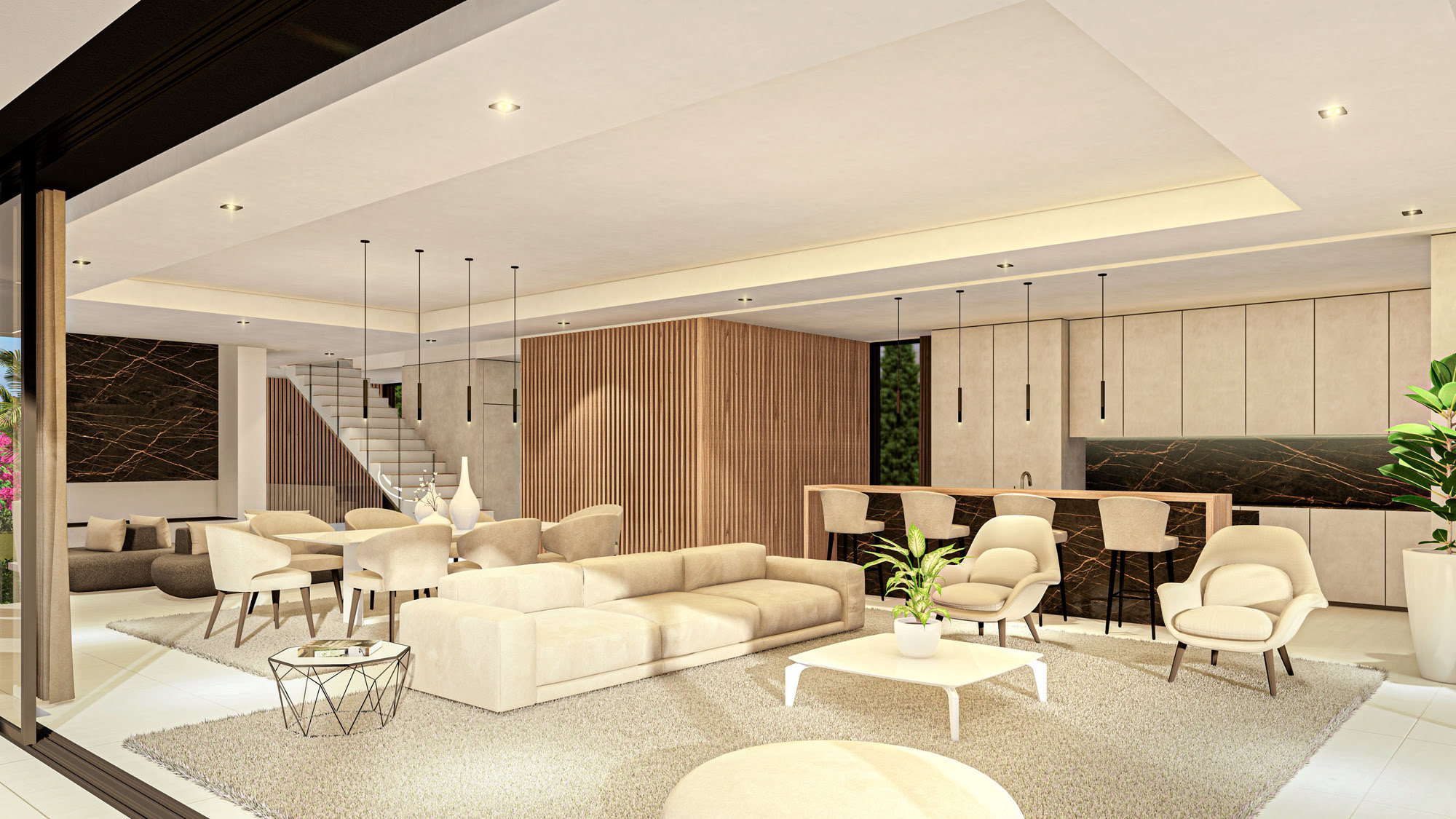 Main living room at Villas Gardenias with full opening to the terrace, soft tones and seamless exterior connection