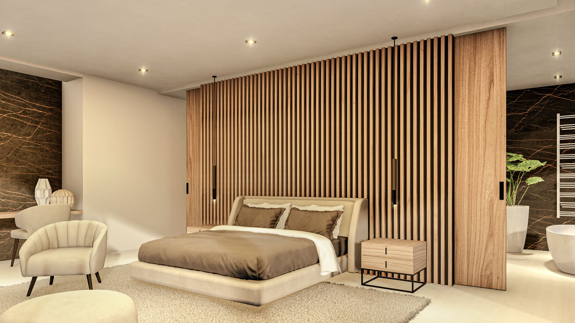 Bedroom at Villas Gardenias with upholstered headboard wall, integrated wood detailing and serene natural light