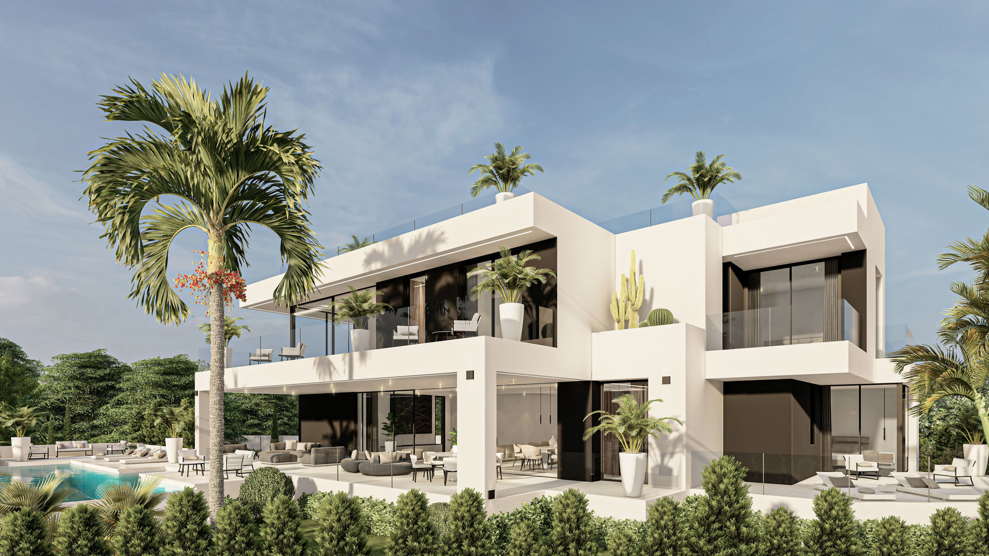 Garden façade of Villas Gardenias with palm trees, broad glazing and refined residential proportions
