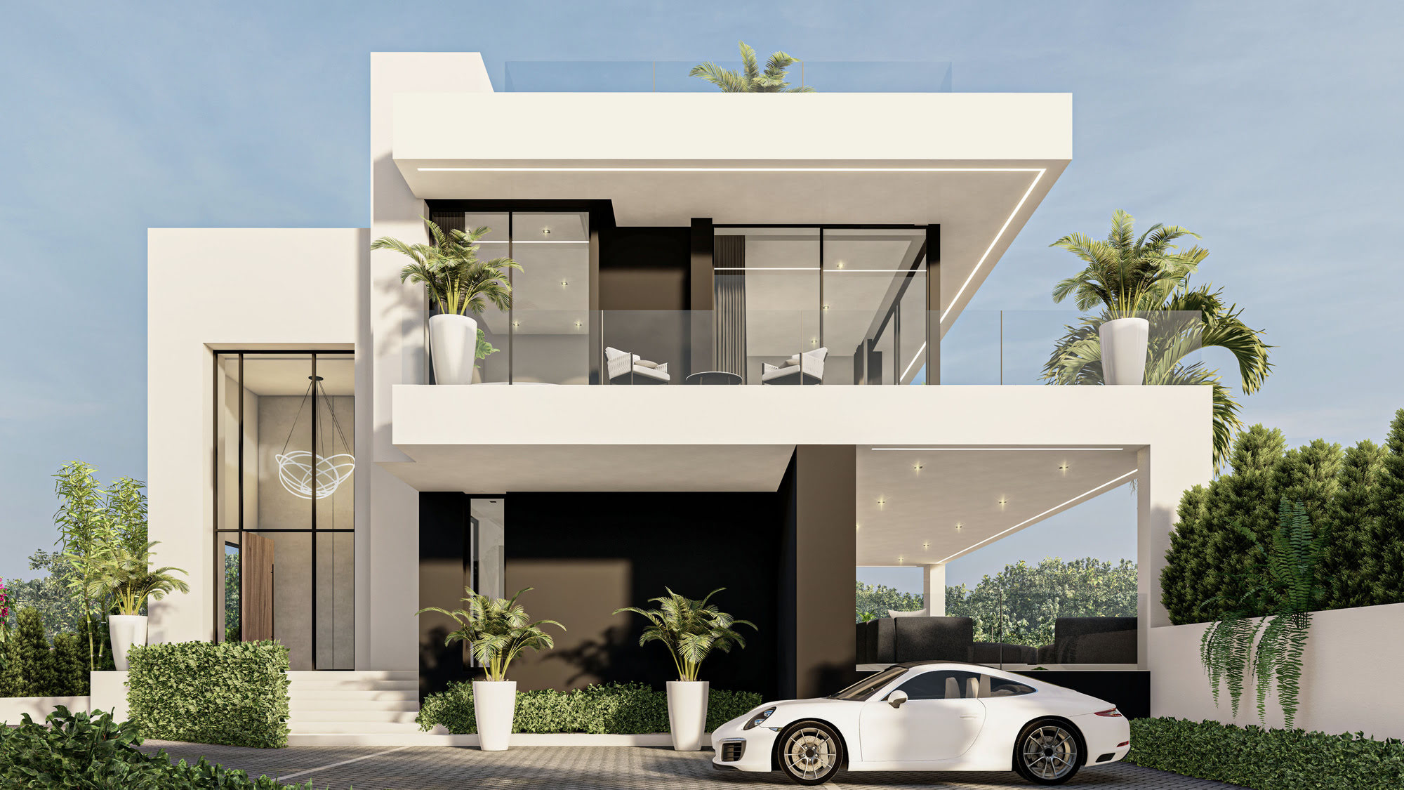 Front arrival façade of Villas Gardenias with integrated driveway, layered volumes and gated privacy in La Carolina