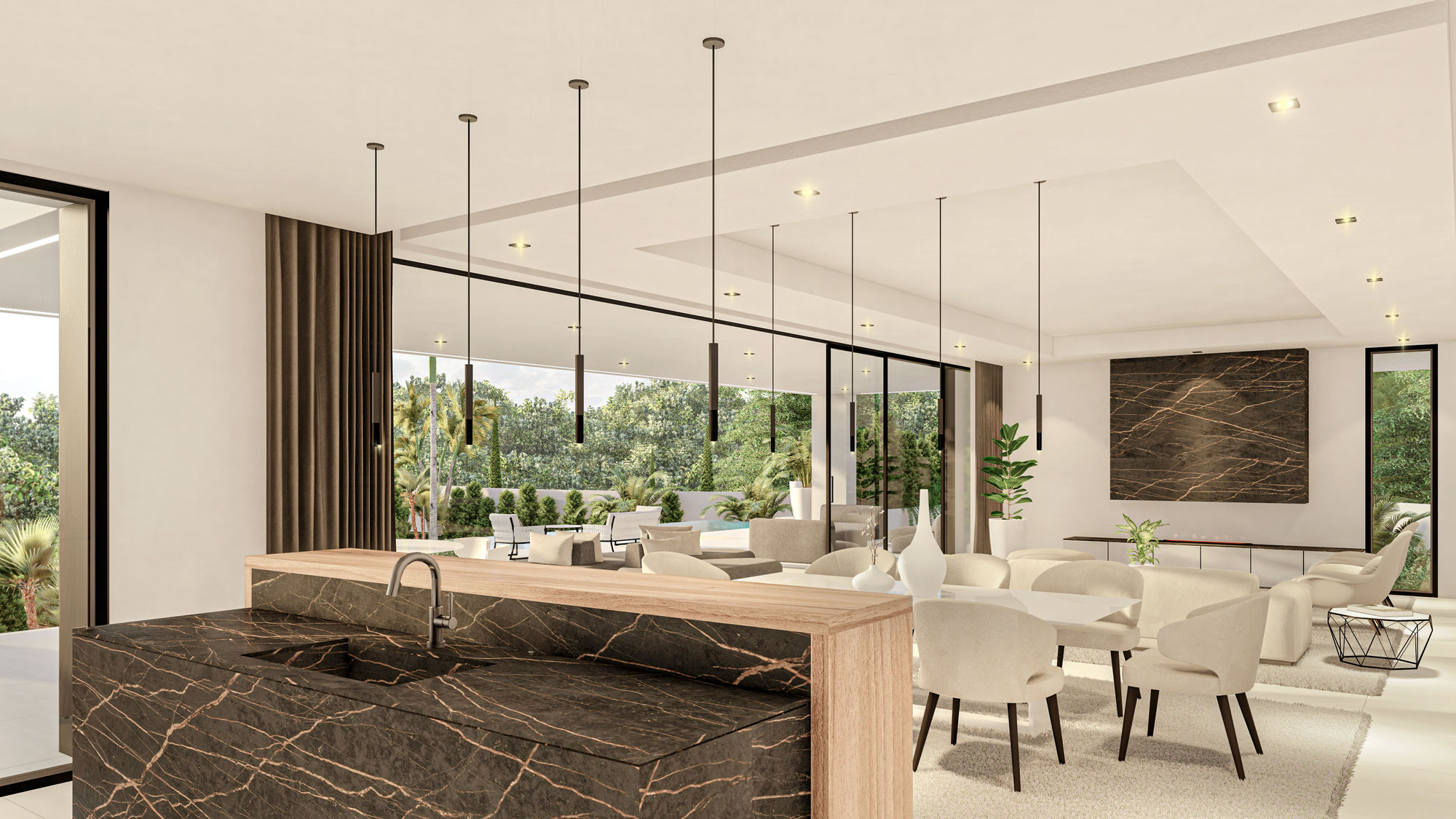 Dining and living sequence at Villas Gardenias with generous glazing and direct visual extension to the terrace and pool