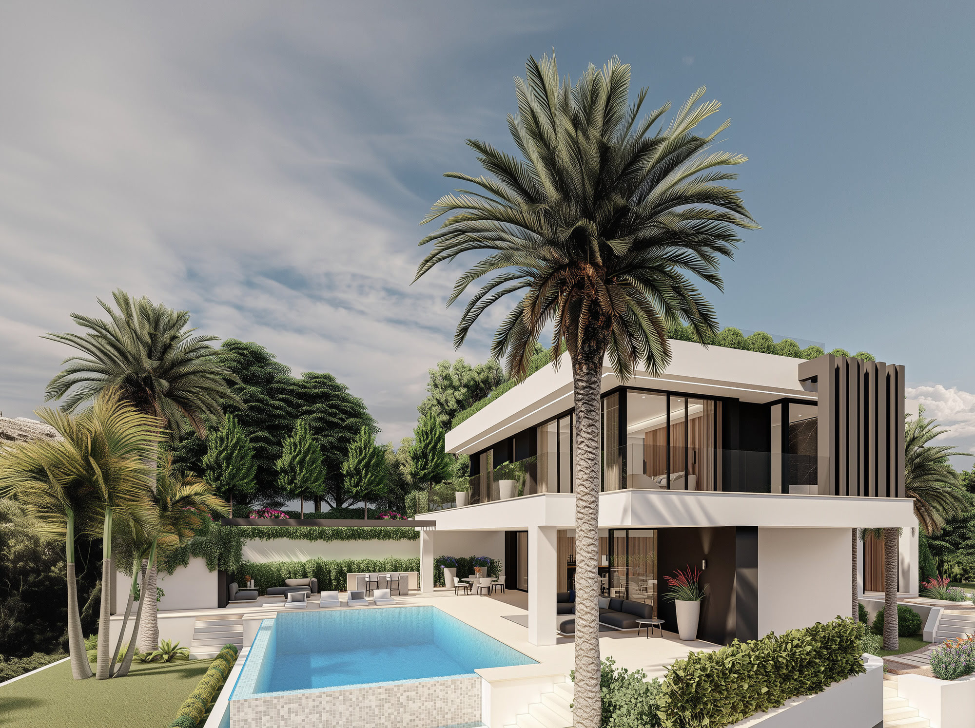 Front garden view of Villas Gardenias with pool, mature palms and clear volumetric composition
