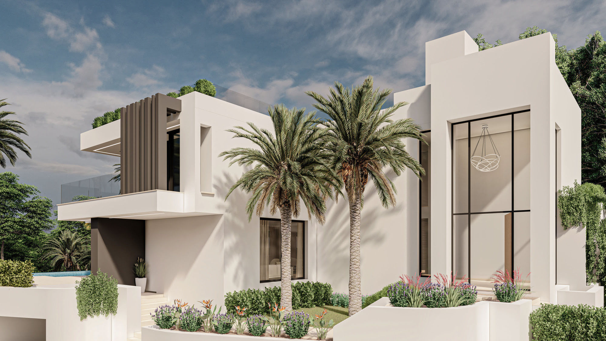 Corner perspective of Villas Gardenias highlighting sculptural white geometry, entrance framing and landscaped front garden