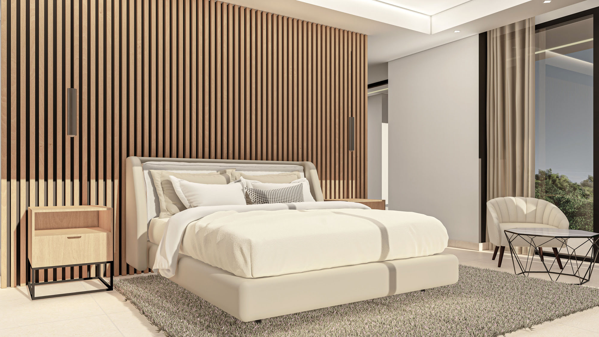 Bedroom suite at Villas Gardenias with soft timber backdrop, private terrace outlook and refined minimal detailing