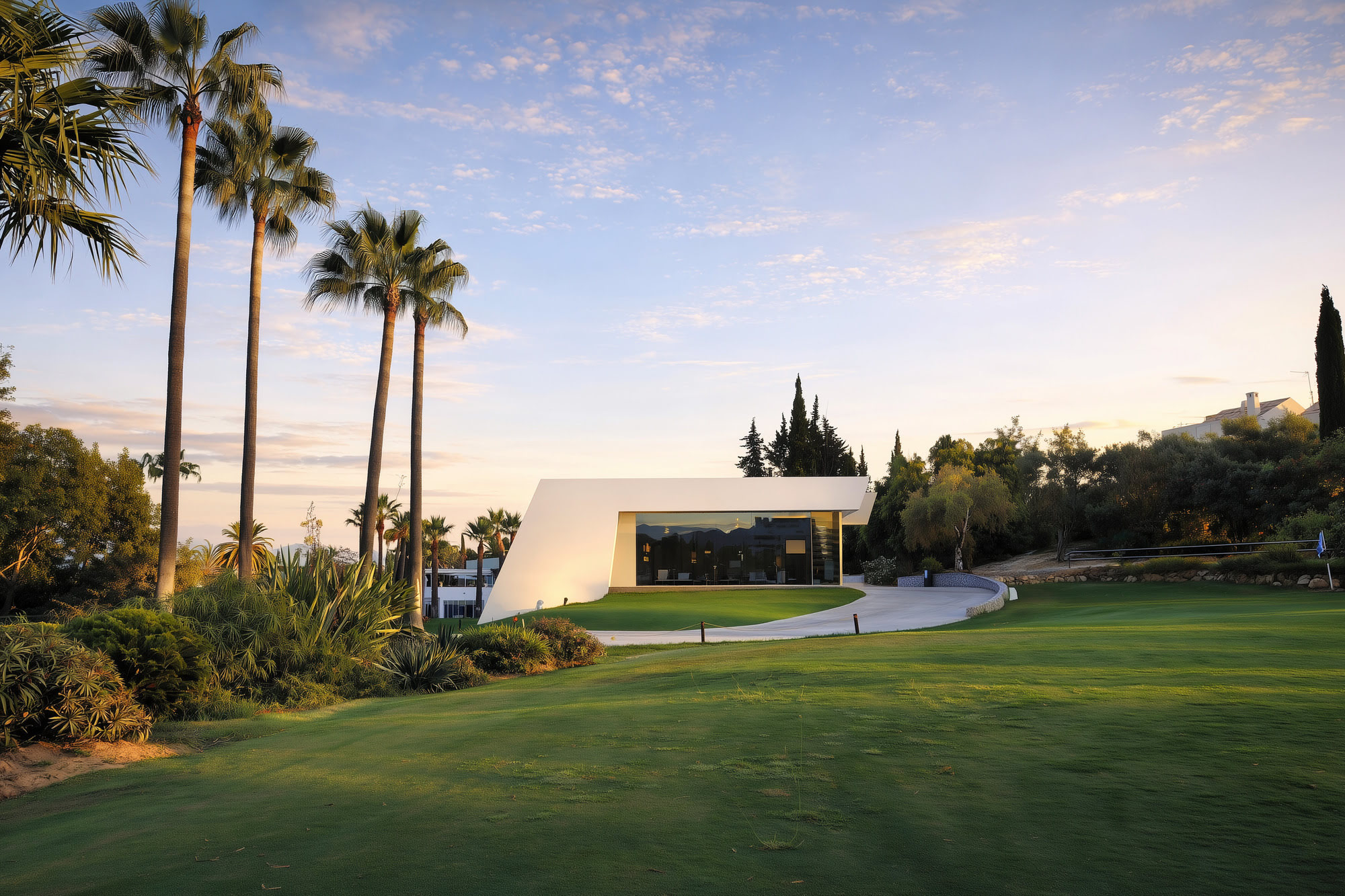 R.C. GOLF GUADALMINA – geometric white clubhouse on golf course